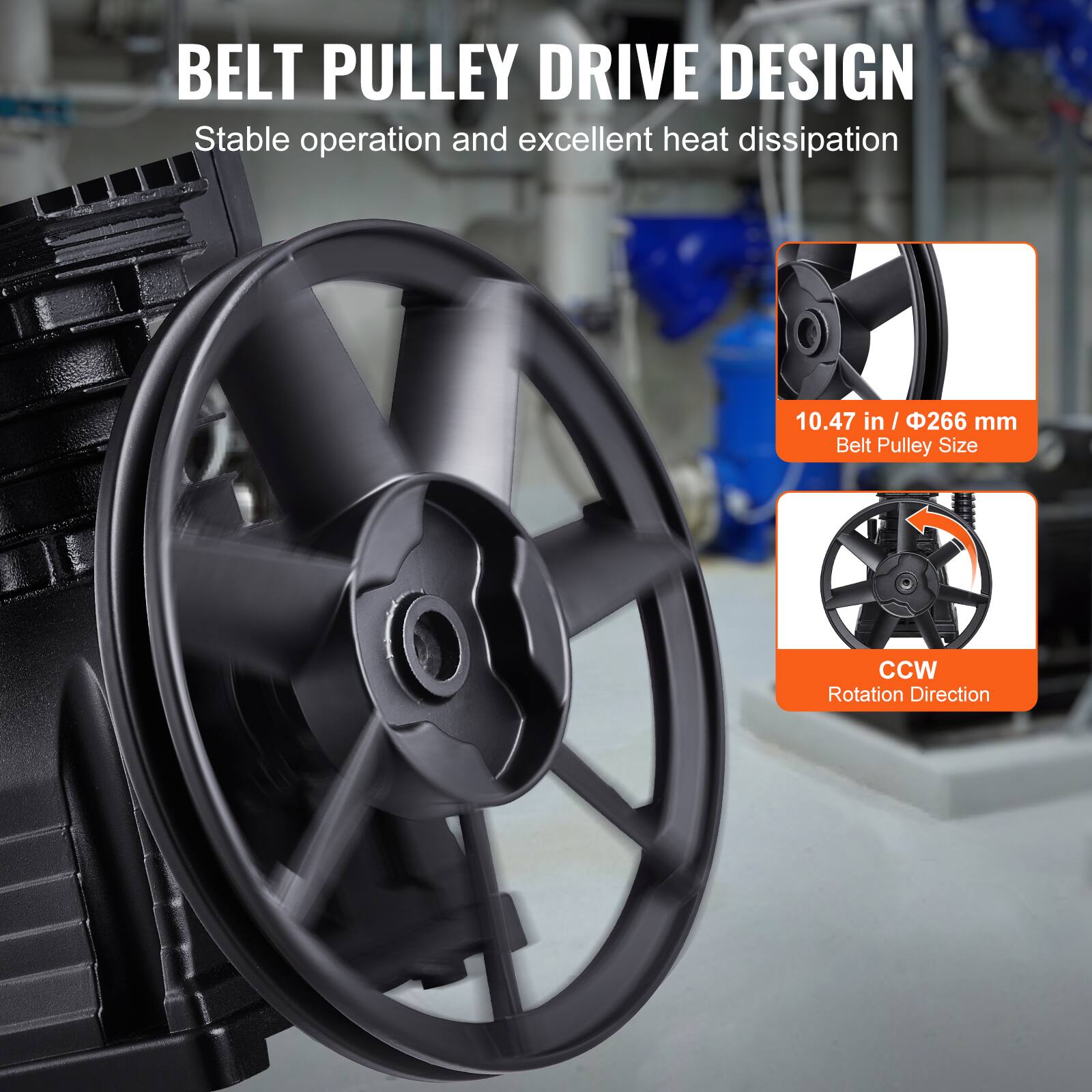 BELT PULLEY DRIVE DESIGN  
Stable operation and excellent heat dissipation  

10.47 in / Φ266 mm  
Belt Pulley Size  

CCW  
Rotation Direction