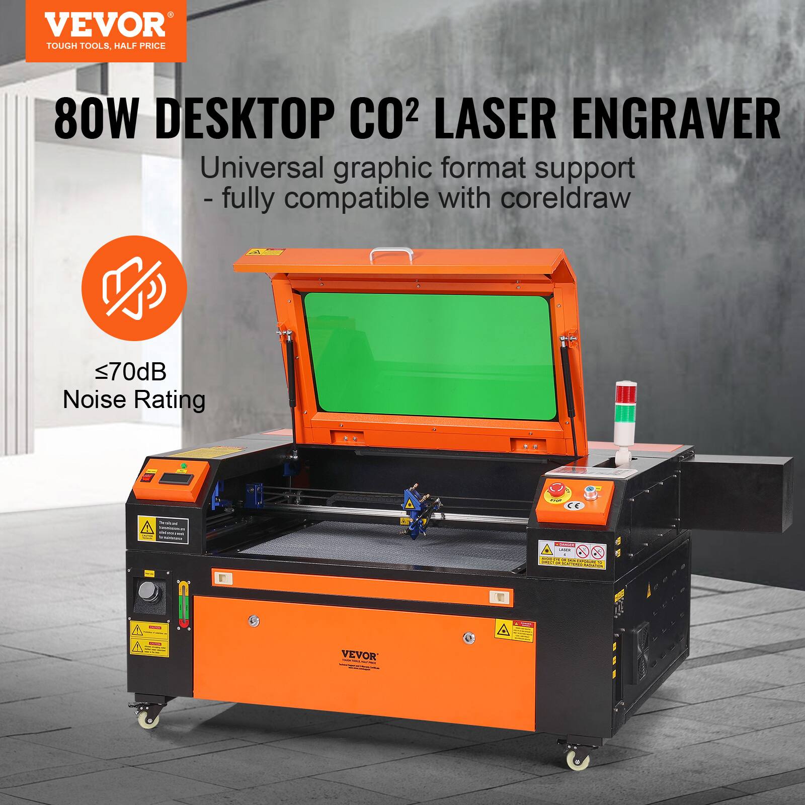 VEVOR  
TOUGH TOOLS. HALF PRICE  

80W DESKTOP CO2 LASER ENGRAVER  

Universal graphic format support  
- fully compatible with coreldraw  

≤70dB Noise Rating  

CE  

VEVOR