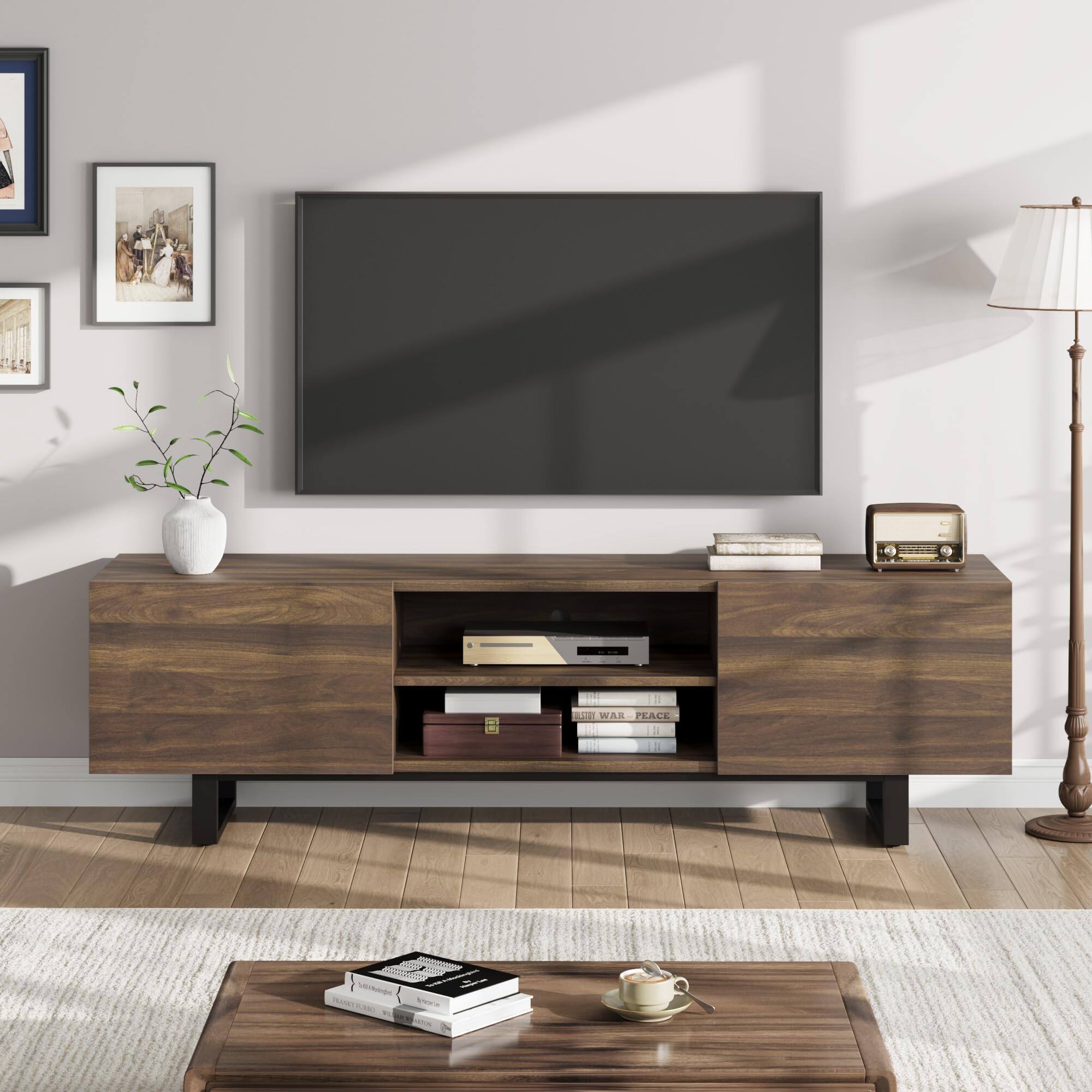 Acekool - Industrial TV Stand for 80 Inch, Modern Entertainment Center with 2 Drawers, Wooden Media Cabinet with Heavy Duty Leg - Brown