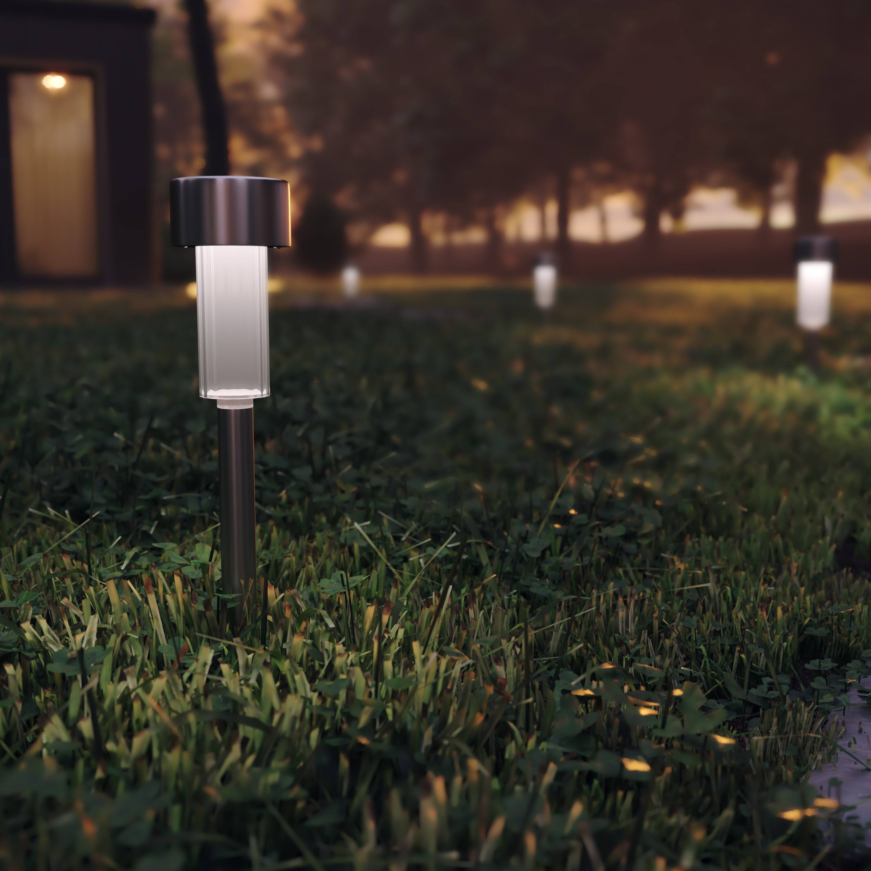 Alt View 2. Emma + Oliver - 12 Pack Solar LED Outdoor Lights, Solar Powered Landscape Lighting for Pathway, Garden, Patio, Driveway & Yard - Stainless Steel.