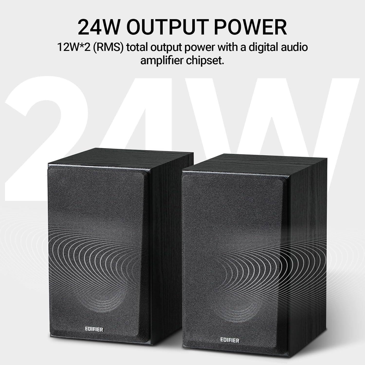 The image features two black speakers with a total output power of 24 watts (RMS) each, making it a total of 48 watts (RMS) with a digital audio amplifier chipset. The speakers are made by Edifier.