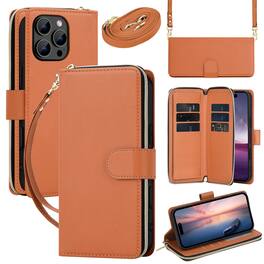 Dteck - Crossbody Wallet Case for Apple iPhone 16 Pro Max, Shockproof Zipper Pocket PU Leather Folio Cover with 9 Card Slots - Brown