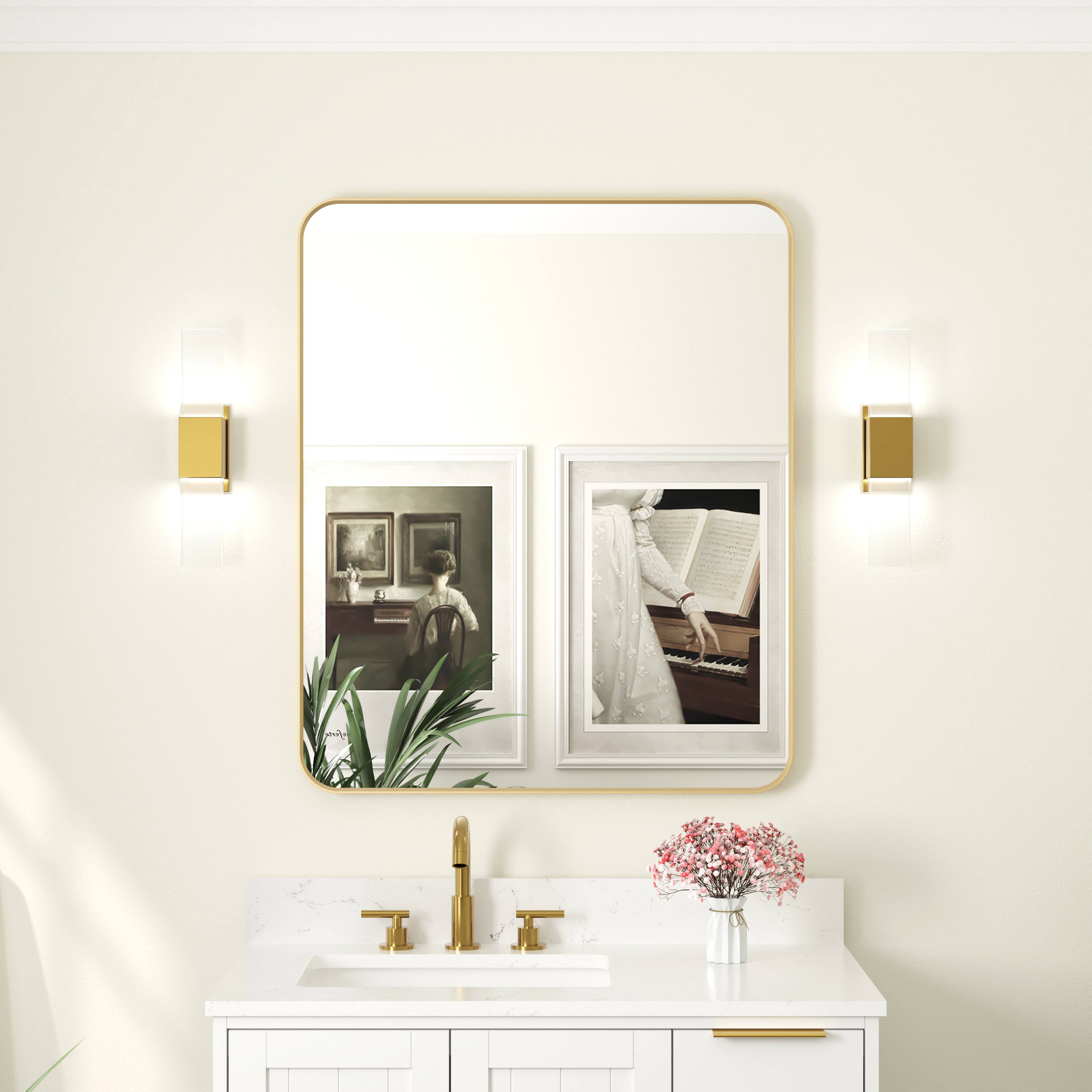 Angle. WELLFOR - 30 in. W. x 36 in. H Rectangular Aluminum Framed Wall-Mounted Bathroom Vanity Mirror - Brushed Gold.