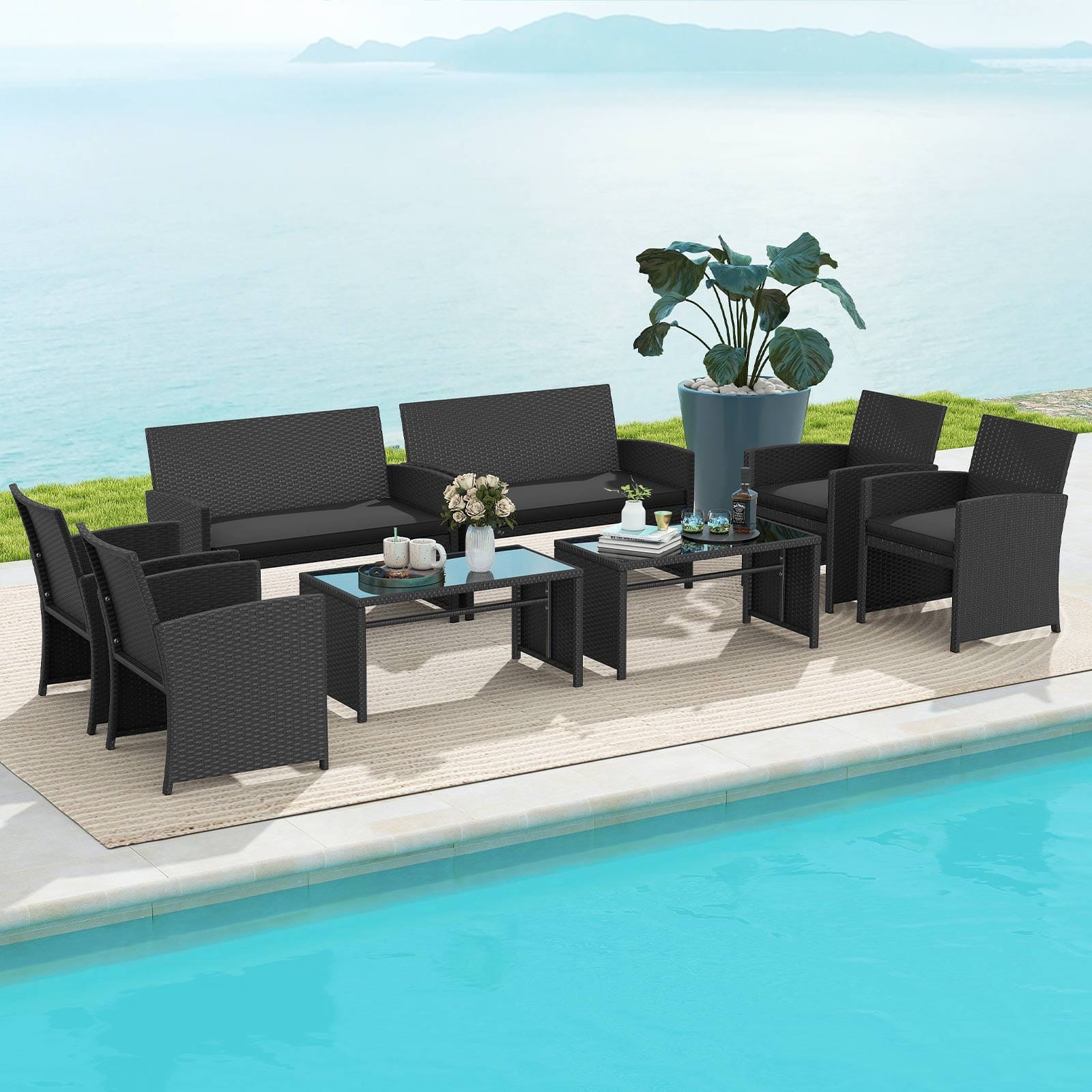 Gymax - Set of 8 Patio Conversation Set w/Seat Cushions & Tempered Glass Tabletop Porch Outdoor - Black