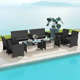 Gymax - Set of 8 Patio Conversation Set w/Seat Cushions & Tempered Glass Tabletop Porch Outdoor - Black
