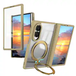 Dteck - For Samsung Galaxy Z Fold8 Magnetic Case Built-in Screen Protector,Shockproof Ring Stand Clear Back Hinge Protect Cover - Gold