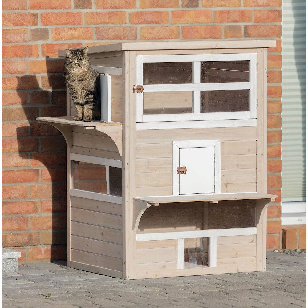 Left. TRIXIE - Outdoor 3-Story Cat House, Weatherproof Cat Shelter, Escape Doors and Windows - Gray.
