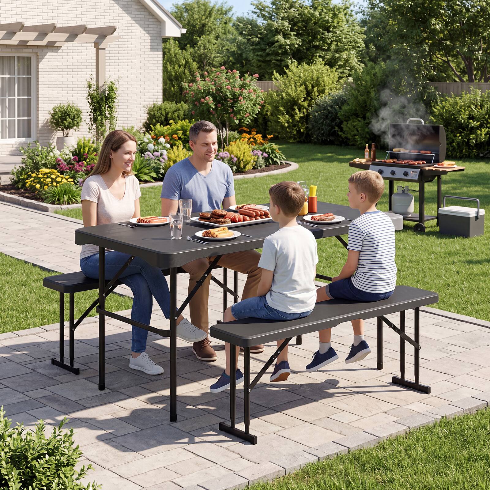 Alt View 1. Gymax - Gymax Outdoor Table Bench Set Folding Picnic Table Set w/ 2 Benches Sturdy Metal Frame - Black.