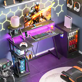 Furnulem - Gaming Desk with Monitor Stand Power Strip LED Lights Reversible Layout Carbon Fiber Surface Cup Holder Headphone Hook - Black