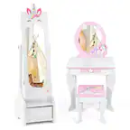 Front. Costway - Costway Kids Vanity Set Princess Makeup Dressing Table and Chair Set with Jewelry Armoire - White.