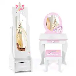 Costway - Kids Vanity Set Princess Makeup Dressing Table and Chair Set with Jewelry Armoire - White