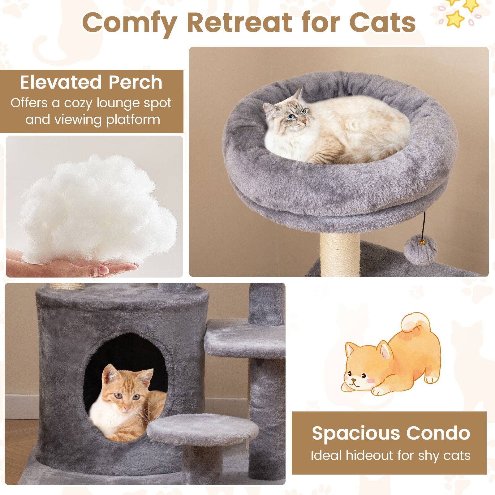 Comfy Retreat for Cats

Elevated Perch  
Offers a cozy lounge spot and viewing platform

Spacious Condo  
Ideal hideout for shy cats