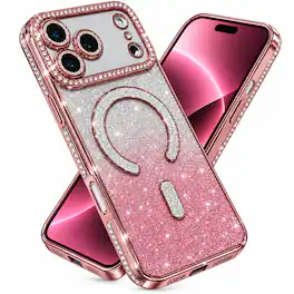 Dteck - Magnetic Case for Apple iPhone 18 Pro, Compatible with Magsafe Accessory Glitter Bling Card & Soft TPU Rhinestone Cover - Pink