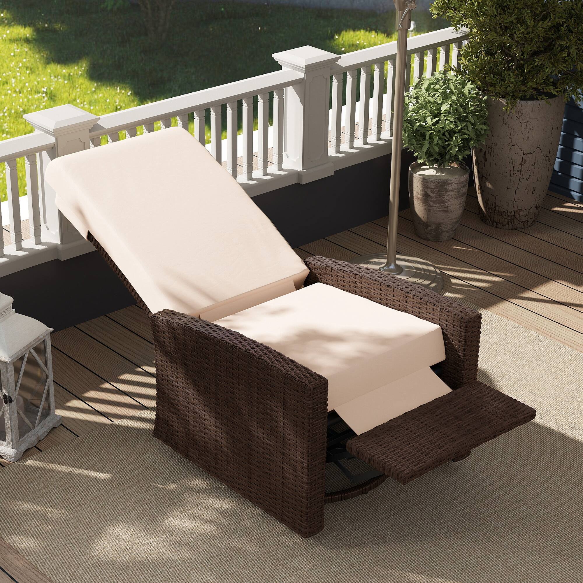 Alt View 8. Outsunny - Outdoor Wicker Swivel Recliner Chair, Reclining Backrest, Lifting Footrest, 360° Rotating Basic, Water Resistant - Cream White.