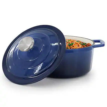 Front. MegaChef - MegaChef 2.7 Quart Round Enameled Cast Iron Casserole in Gradient Dark Blue - Dark Blue.