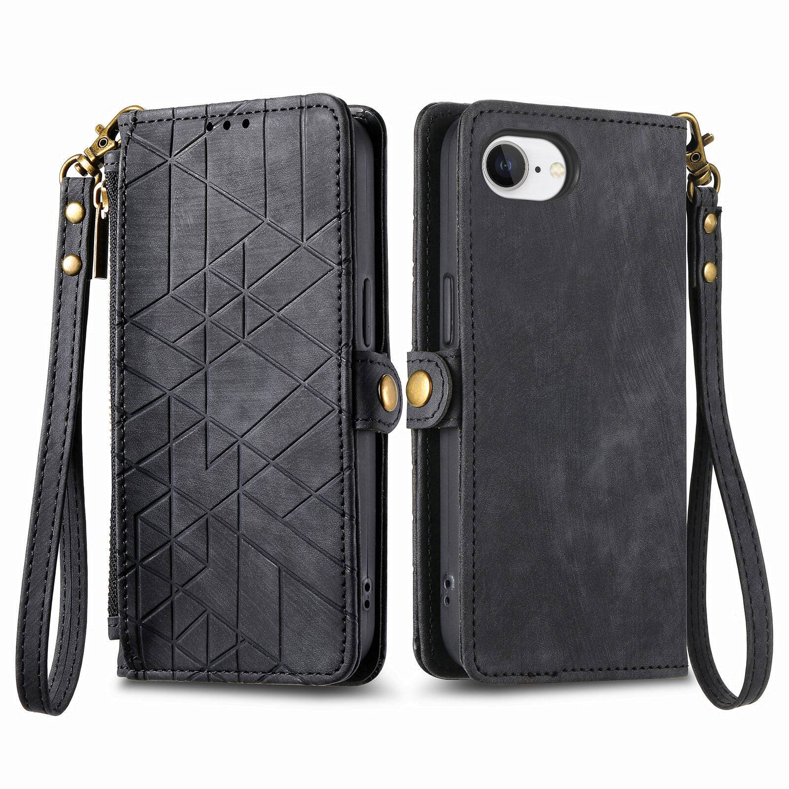 Back. Dteck - Zipper Wallet Pocket Case for iPhone 17E/16E, Shockproof with Card Holders PU Leather Embossed Stand Wristlet - Black.