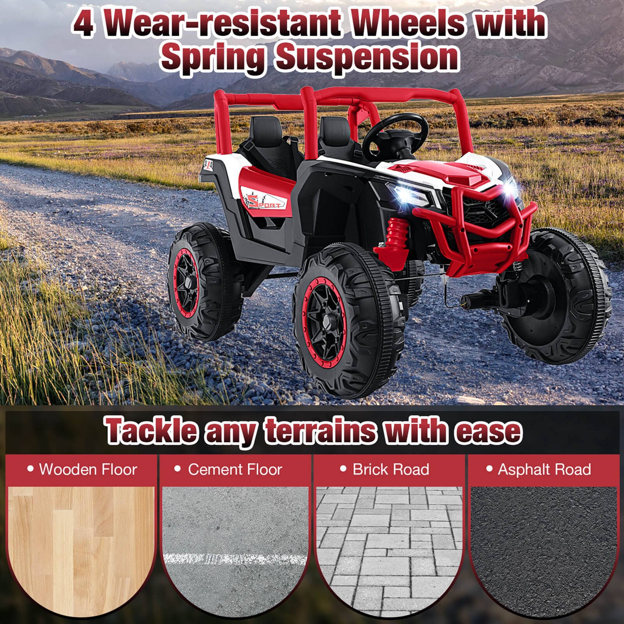 4 Wear-resistant Wheels with Spring Suspension

Tackle any terrains with ease

- Wooden Floor
- Cement Floor
- Brick Road
- Asphalt Road