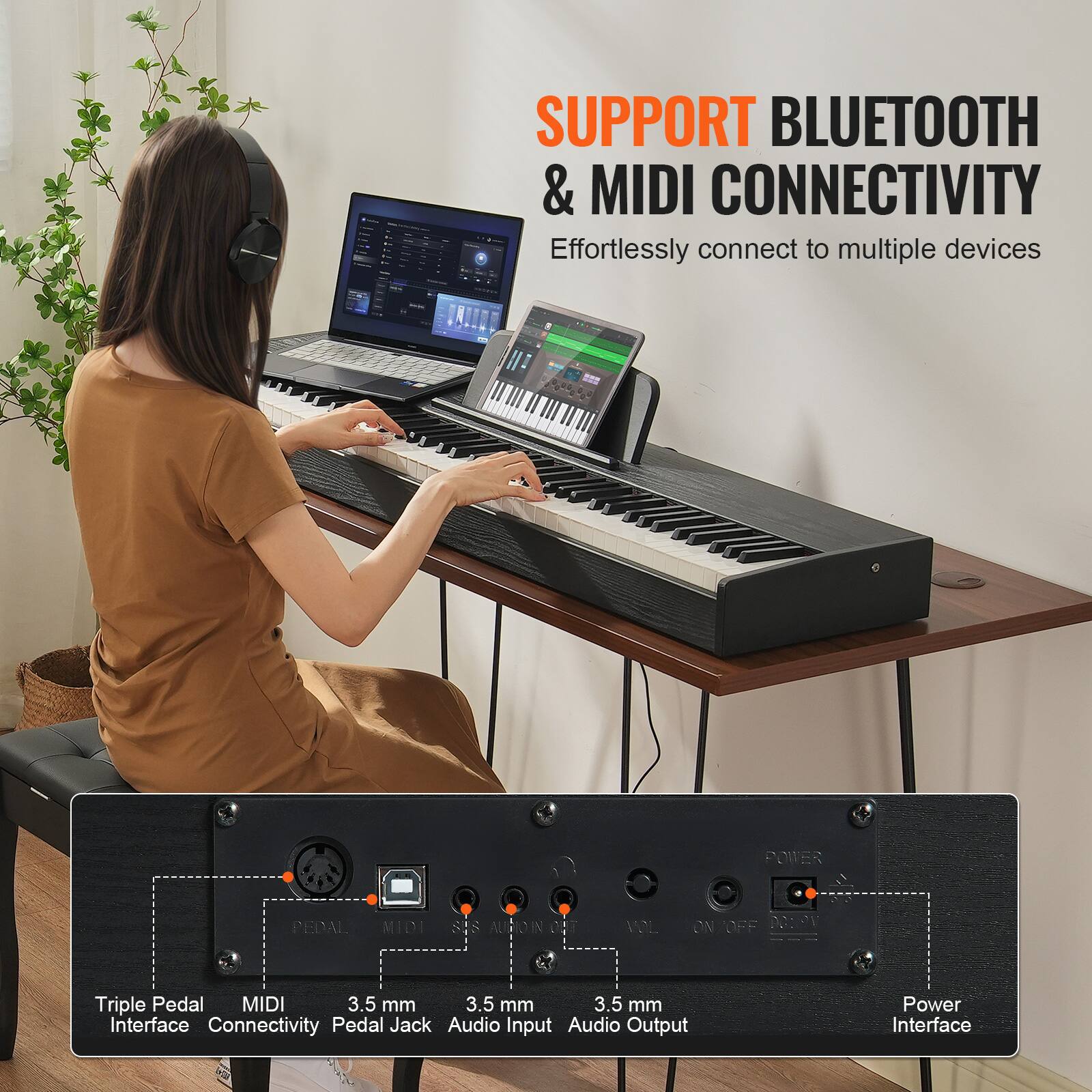 SUPPORT BLUETOOTH & MIDI CONNECTIVITY  
Effortlessly connect to multiple devices  

Triple Pedal Interface  
MIDI Connectivity  
3.5 mm Pedal Jack  
3.5 mm Audio Input  
3.5 mm Audio Output  
Power Interface