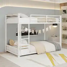 Loheer - Metal Twin over Twin Bunk Bed Heavy Duty Sturdy Frame with Safety Guardrail Noise Reduced - White