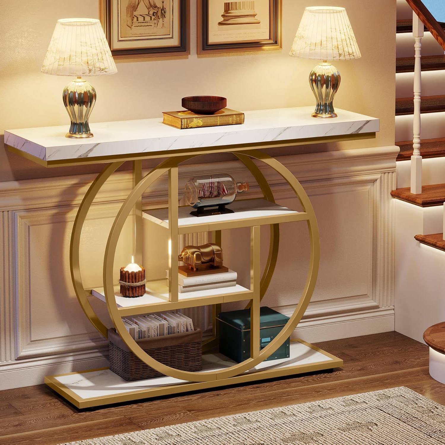 Left. SlickBlue - Contemporary Foyer Table with Round Metal Frame and Marble-Style Shelves - Gold, White.