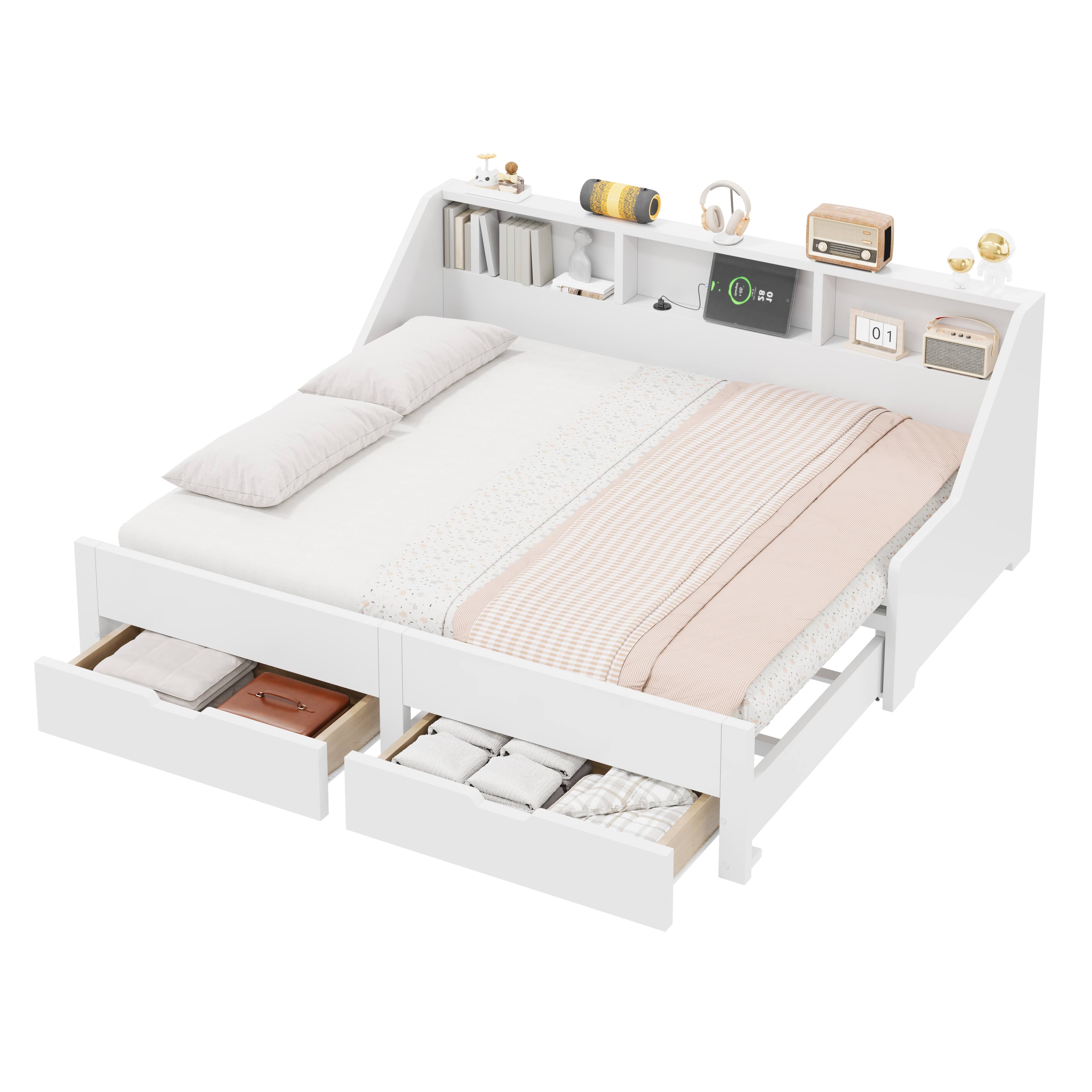Back. Whisen - Twin to King Extendable Daybed with Storage Bookcases, 2 Drawers, Charging Station, 3-Pack Box Set - White.