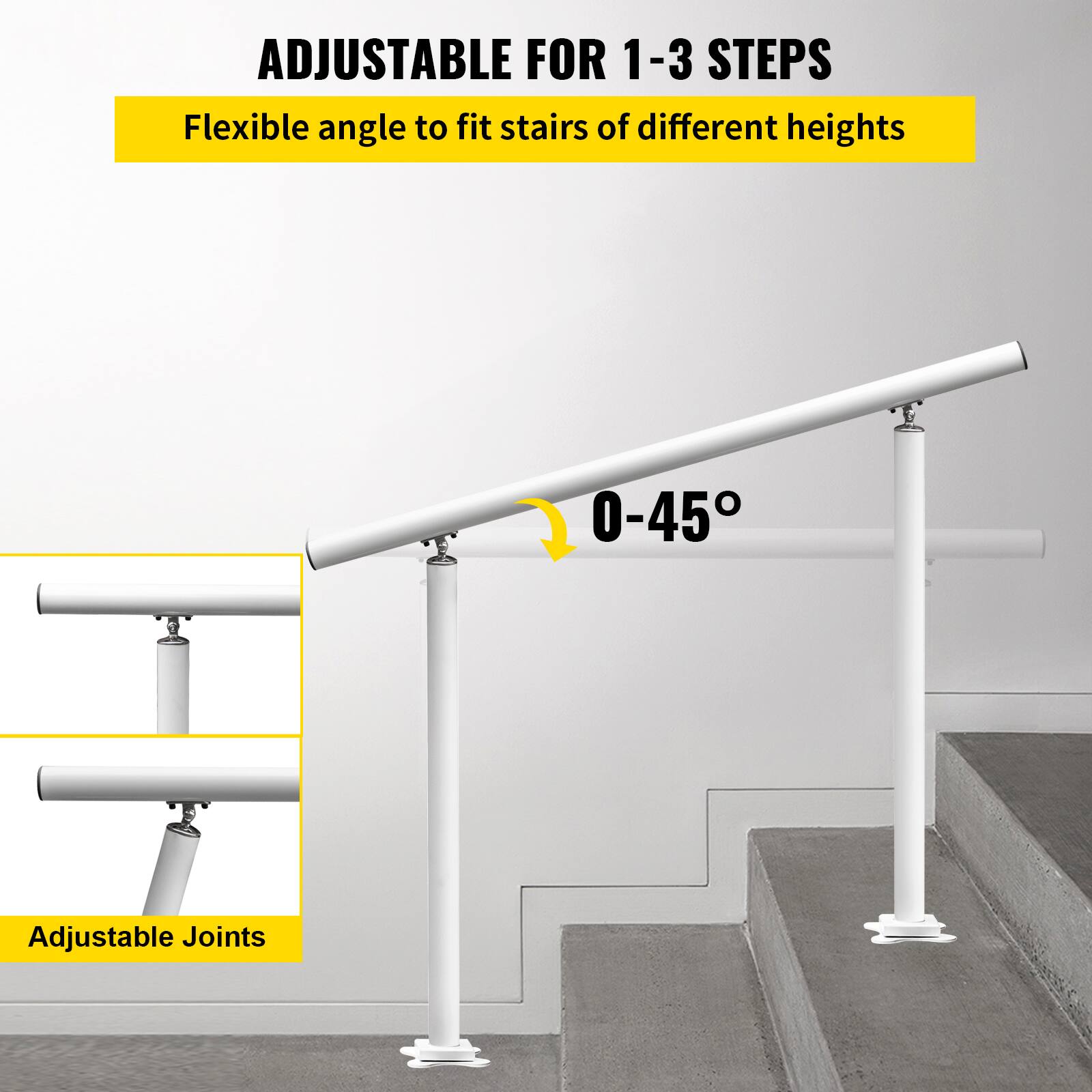 ADJUSTABLE FOR 1-3 STEPS
Flexible angle to fit stairs of different heights
0-45°
Adjustable Joints