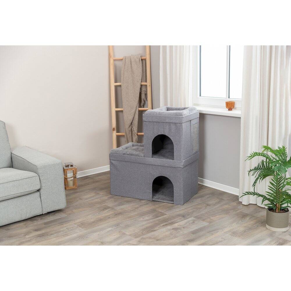 Left. TRIXIE - Crazy Cube Stackable Cat Condo with Sisal Scratching Surface, Cozy Hideaway - Gray.