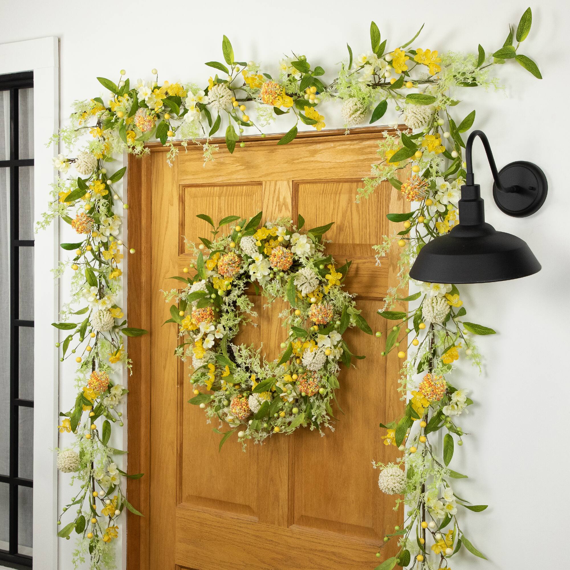 Alt View 2. Northlight - Wild Flower, Berry and Statice Floral Spring Wreath - 26" - Yellow and Orange - Yellow.