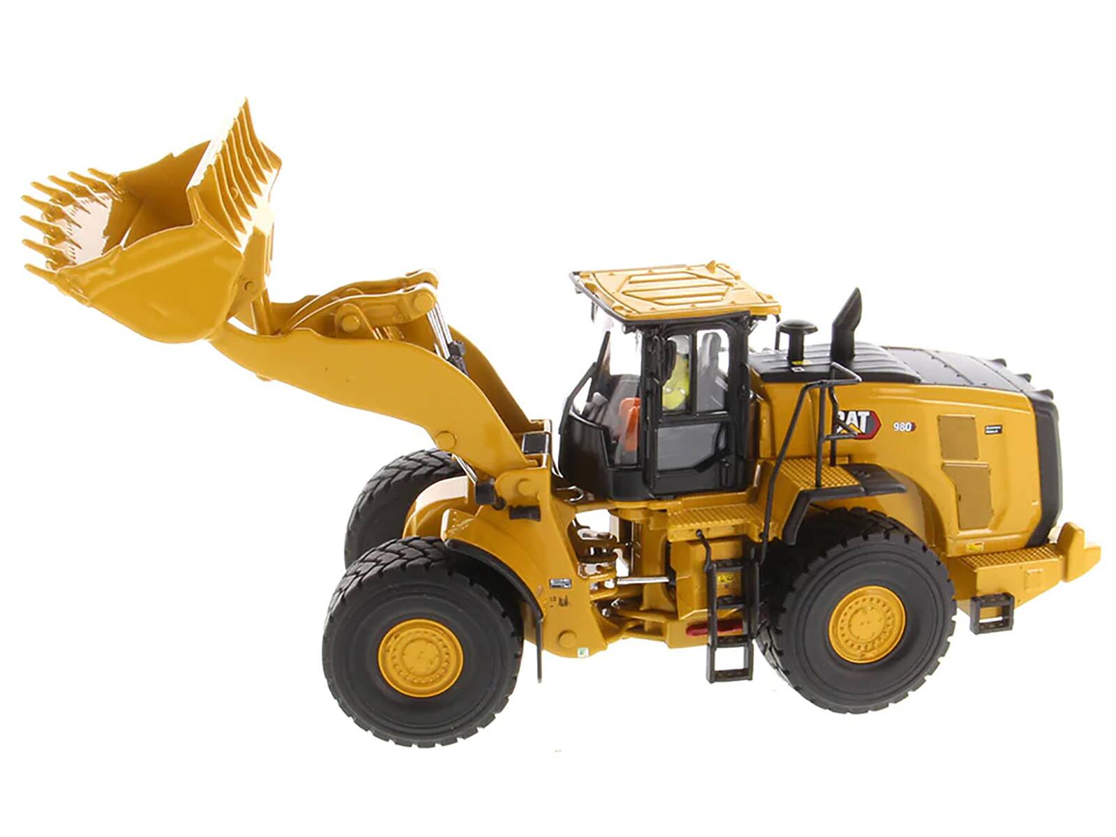 Left. Diecast Masters - CAT Caterpillar 980 Wheel Loader Yellow with Operator "High Line Series" 1/50 Diecast Model by Diecast Masters - Yellow .