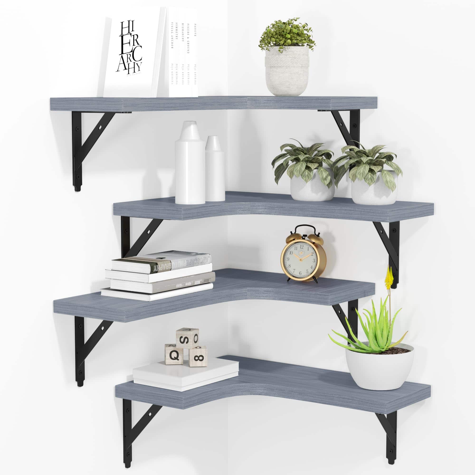 Front. Dazzed Corner - Corner Floating Shelves Wall Mounted Set of 4 - Grey.