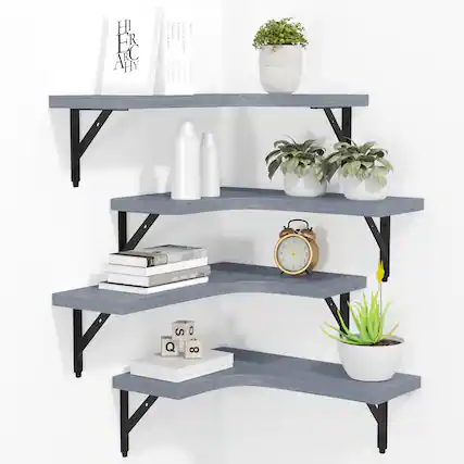 Front. Dazzed Corner - Corner Floating Shelves Wall Mounted Set of 4 - Grey.