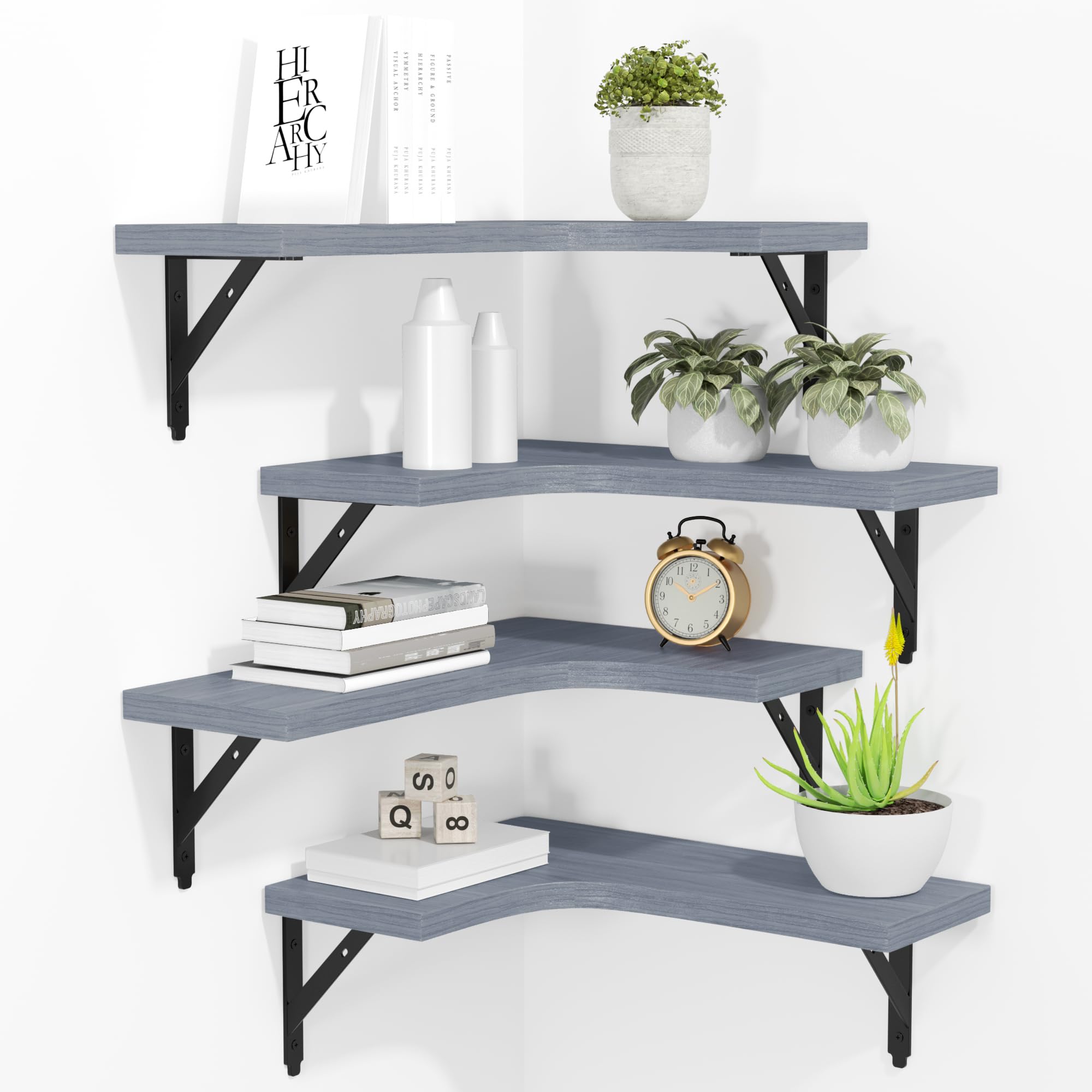 Front. Dazzed Corner - Corner Floating Shelves Wall Mounted Set of 4 - Grey.