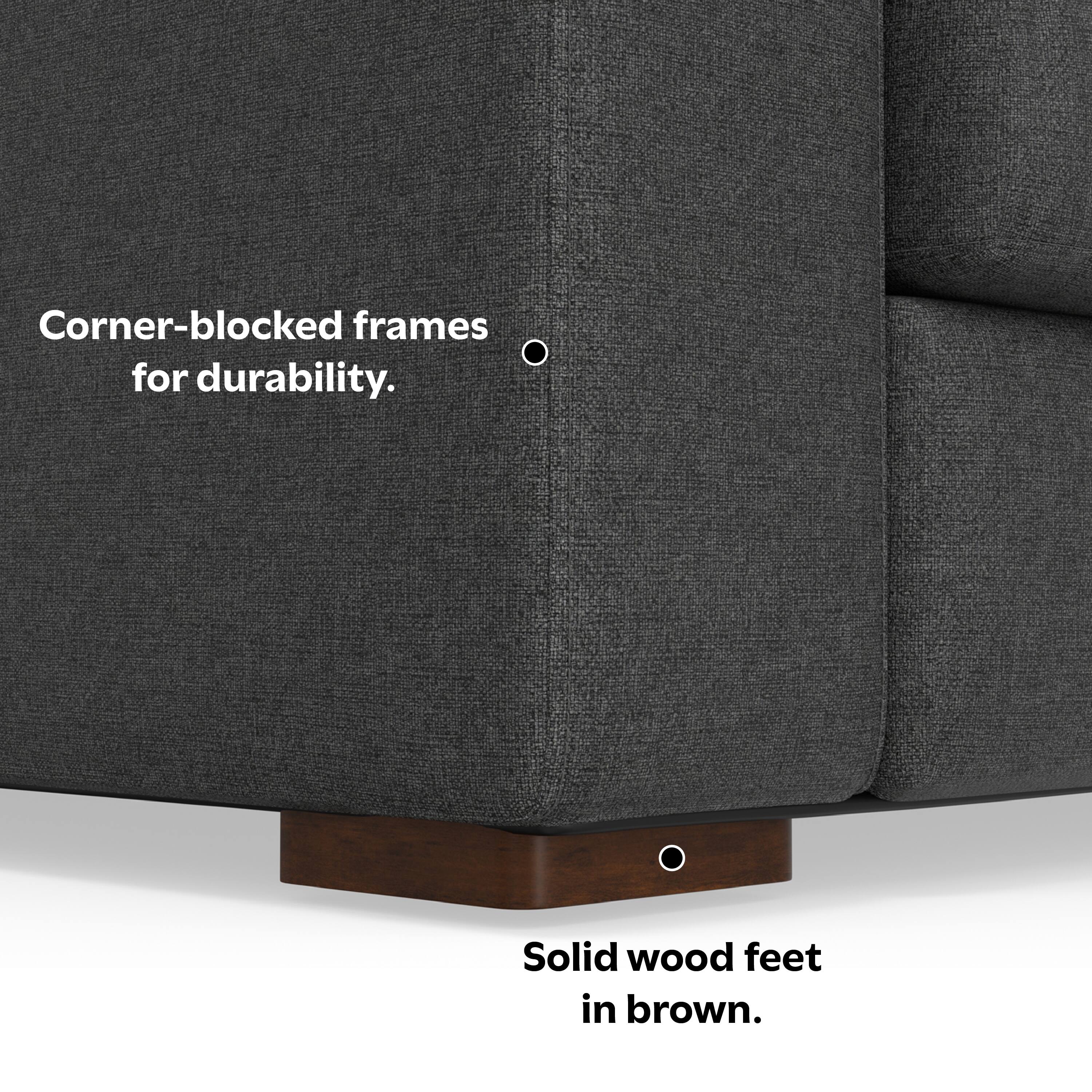 Corner-blocked frames for durability.  
Solid wood feet in brown.