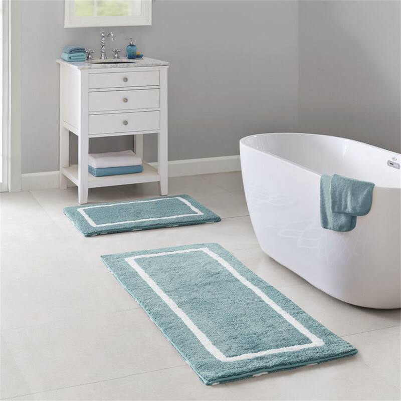 Back. HTUTWOO - Reversible High Pile Tufted Bath Rug - 24x60" Microfiber Bathroom Mat, Geometric to Stripes Reversible, Machine Washable - AQUA.
