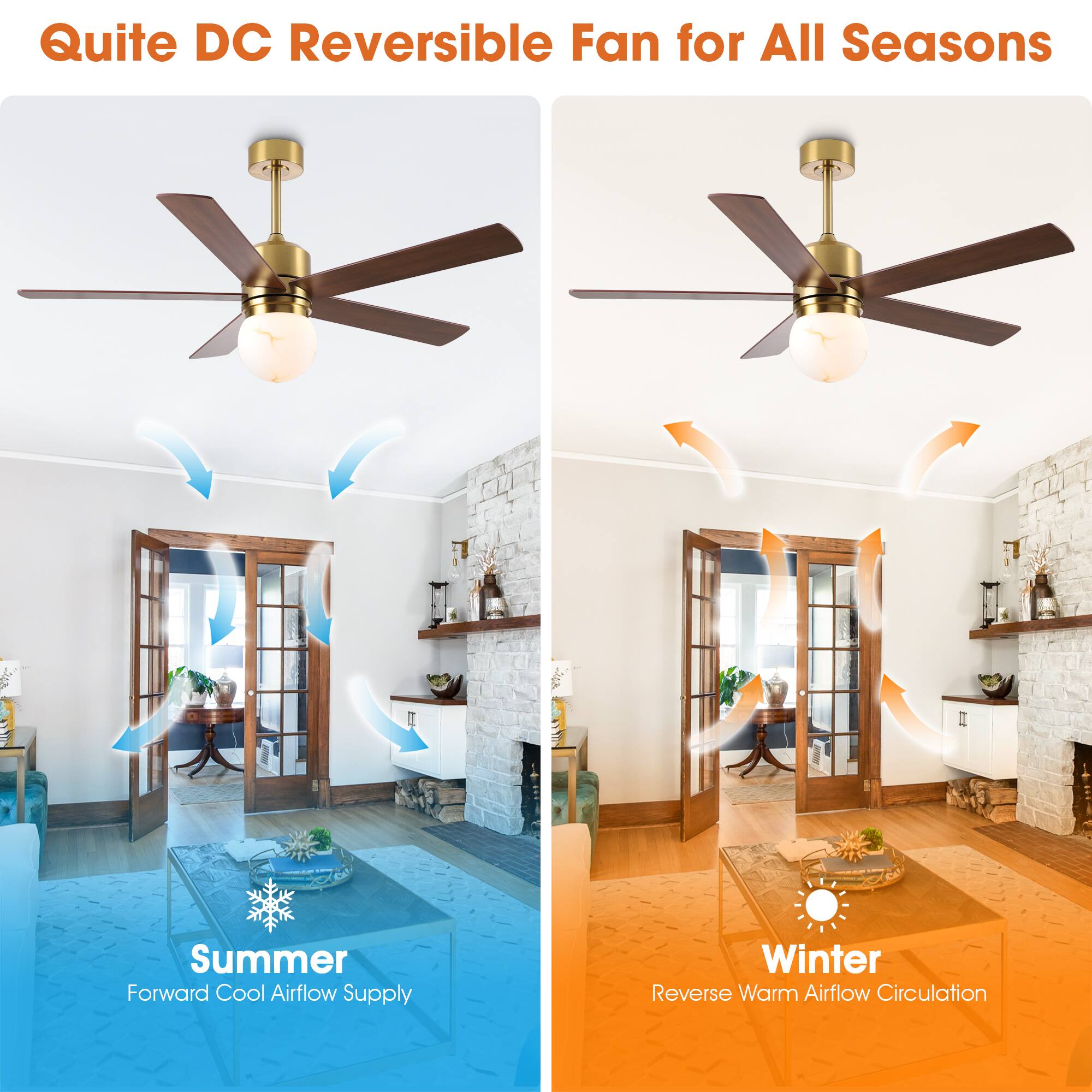 Quite DC Reversible Fan for All Seasons

Summer: Forward Cool Airflow Supply

Winter: Reverse Warm Airflow Circulation