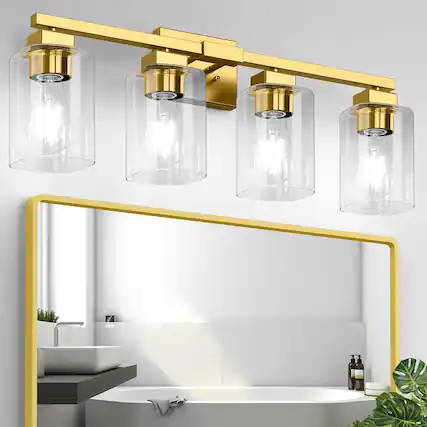 Front. Nordic Hygge - 27-Inch Modern Black 4-Light Vanity Bathroom Light in Gold.