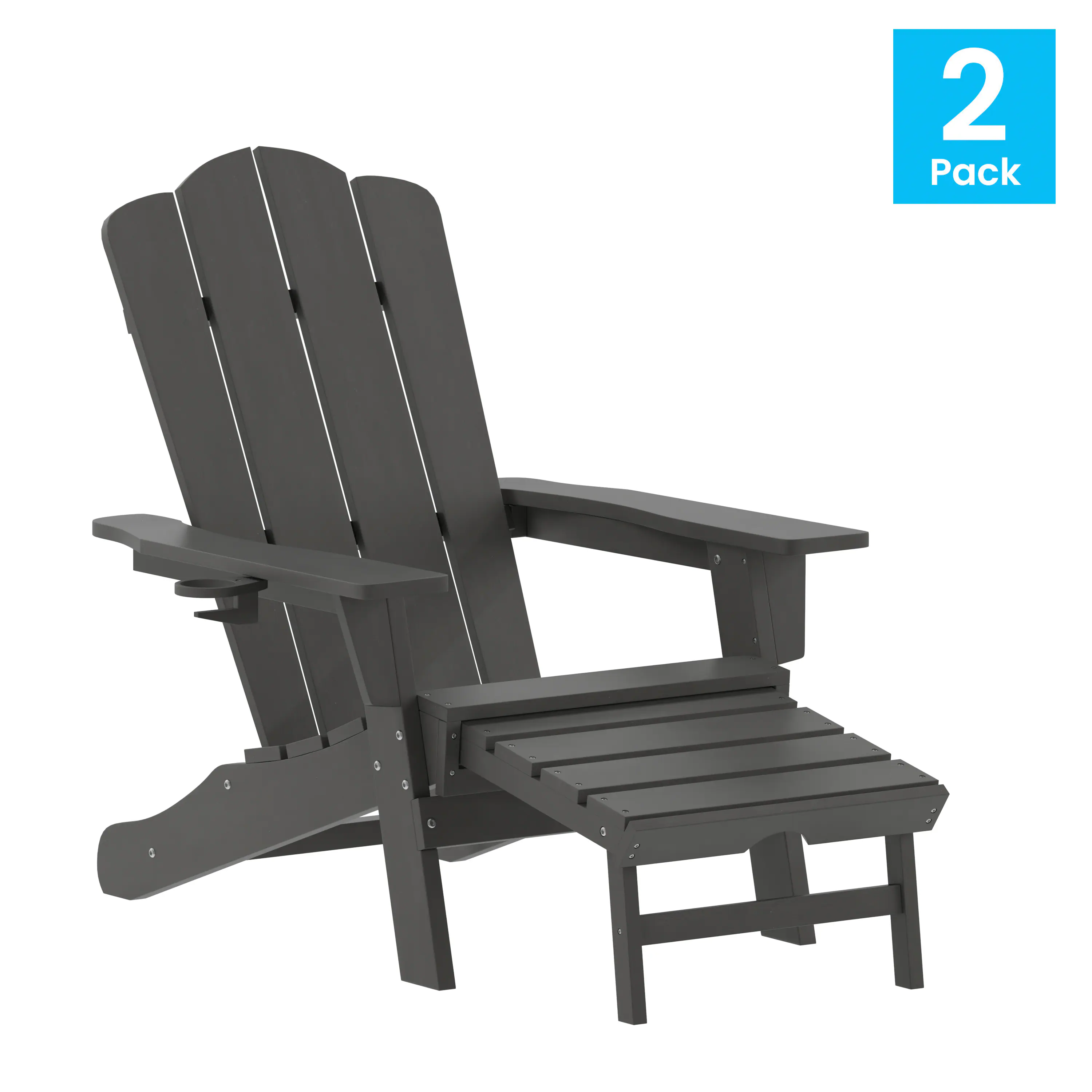 Alt View 1. Emma + Oliver - Tiverton Set of 2 Adirondack Chairs with Cup Holders and Pull Out Ottoman, All-Weather HDPE Indoor/Outdoor Lounge Chairs - Gray.