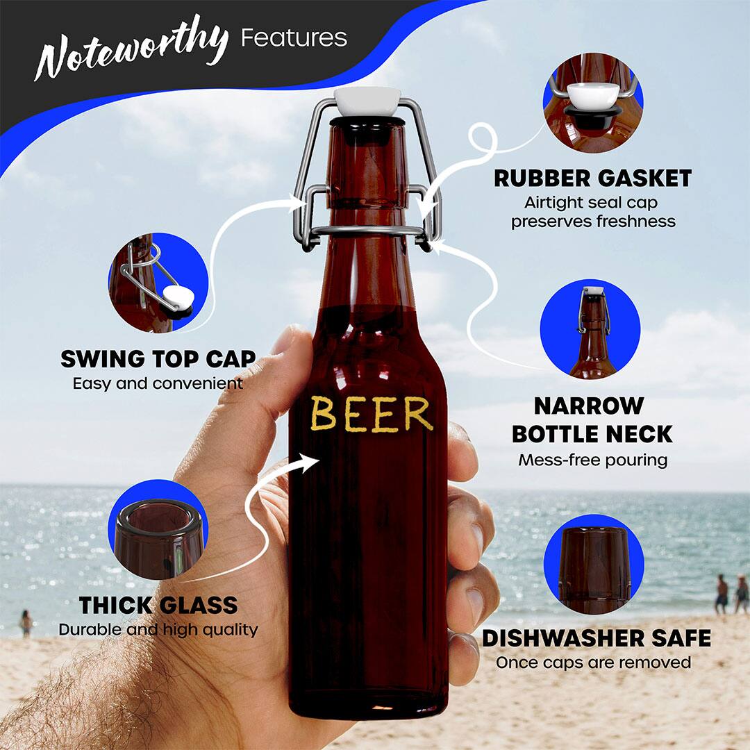 Noteworthy Features

- SWING TOP CAP
  - Easy and convenient

- RUBBER GASKET
  - Airtight seal cap preserves freshness

- THICK GLASS
  - Durable and high quality

- NARROW BOTTLE NECK
  - Mess-free pouring

- DISHWASHER SAFE
  - Once caps are removed