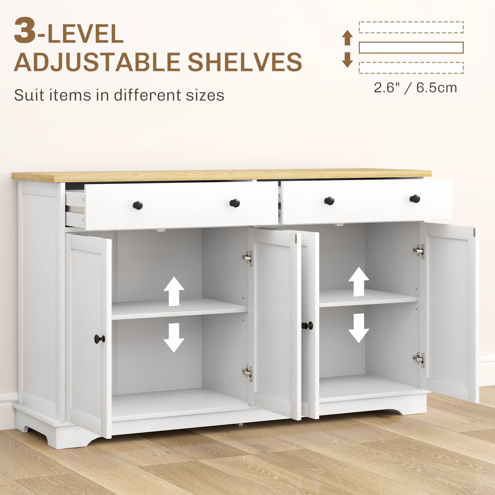 3-LEVEL ADJUSTABLE SHELVES Suit items in different sizes 2.6" / 6.5cm /