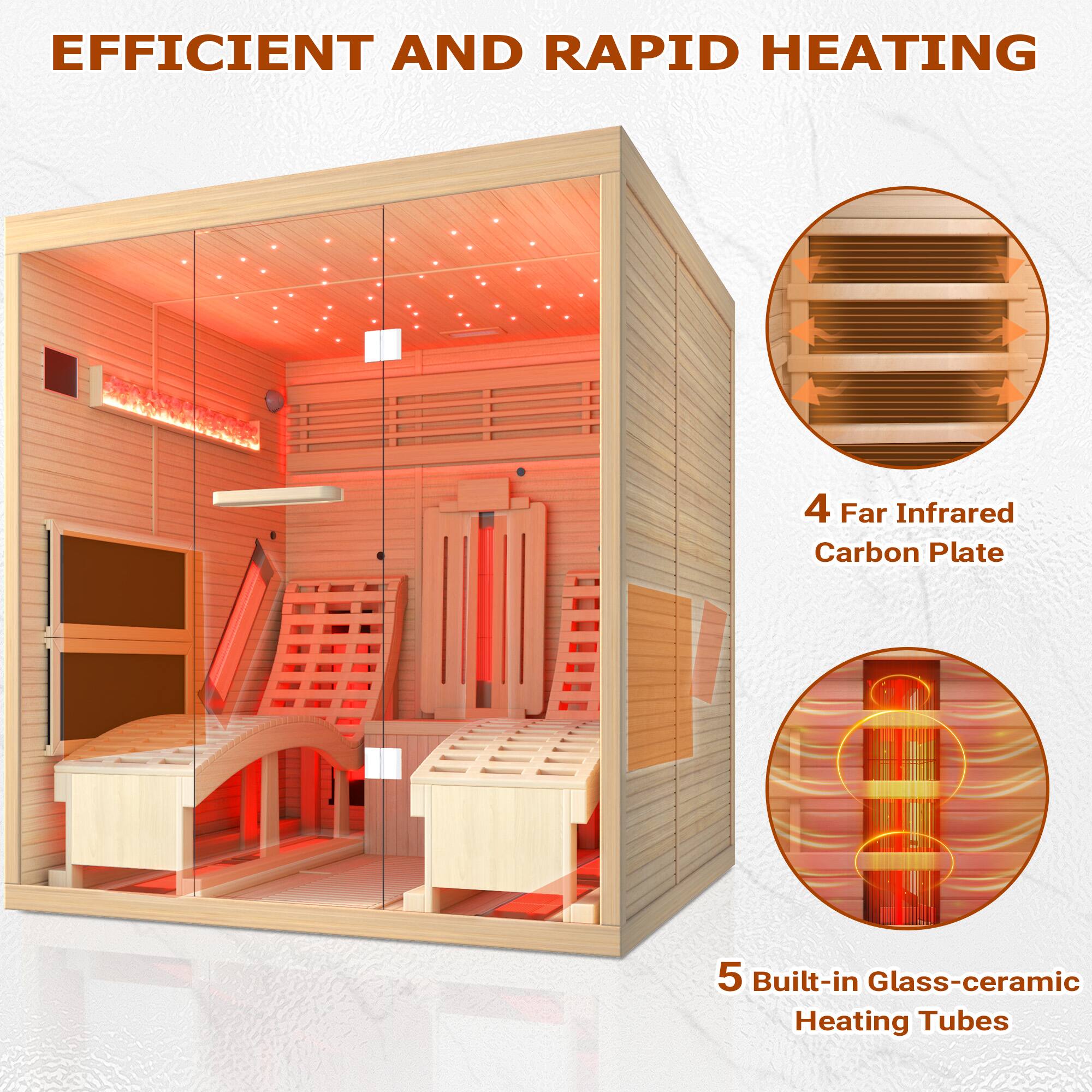 EFFICIENT AND RAPID HEATING

4 Far Infrared Carbon Plate

5 Built-in Glass-ceramic Heating Tubes