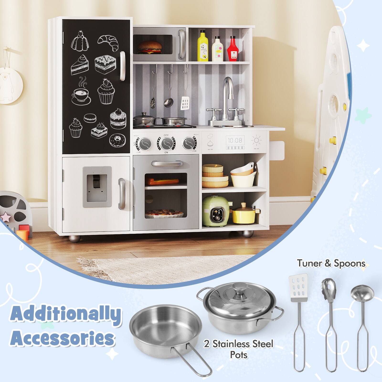 Gymax Play Kitchen Toy Set w/ Chalkboard Oven Sink Faucet Stove