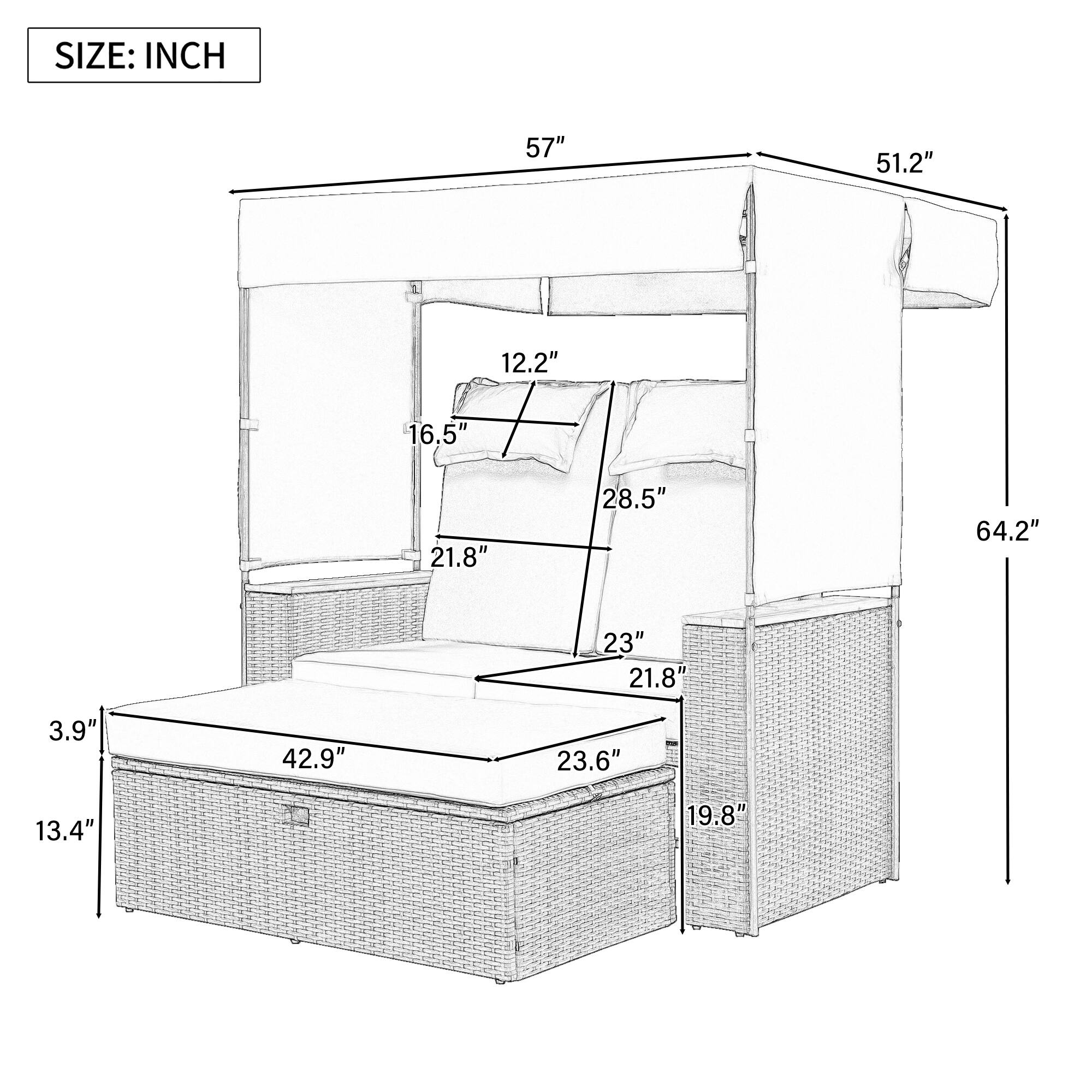 SIZE: INCH

57"
51.2"
12.2"
16.5"
21.8"
28.5"
64.2"
23"
21.8"
3.9"
42.9"
23.6"
13.4"
19.8"