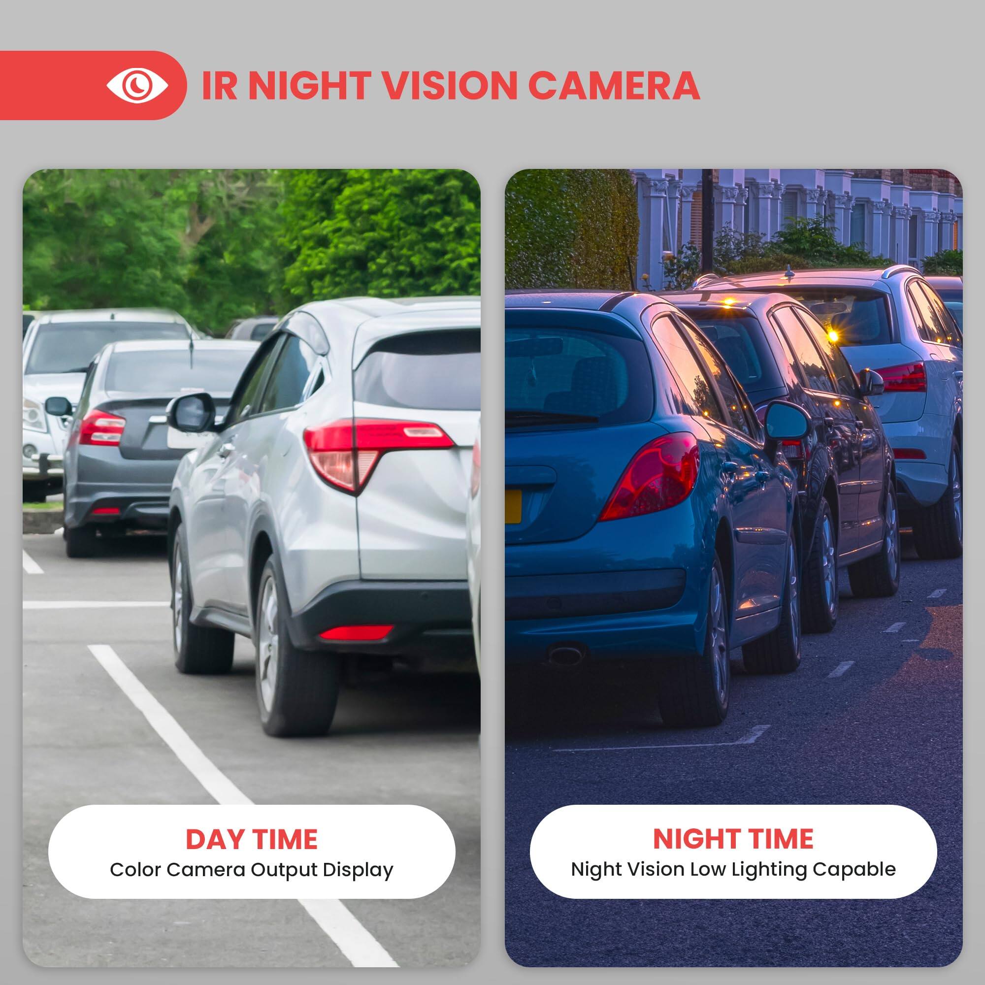 IR NIGHT VISION CAMERA

DAY TIME
Color Camera Output Display

NIGHT TIME
Night Vision Low Lighting Capable