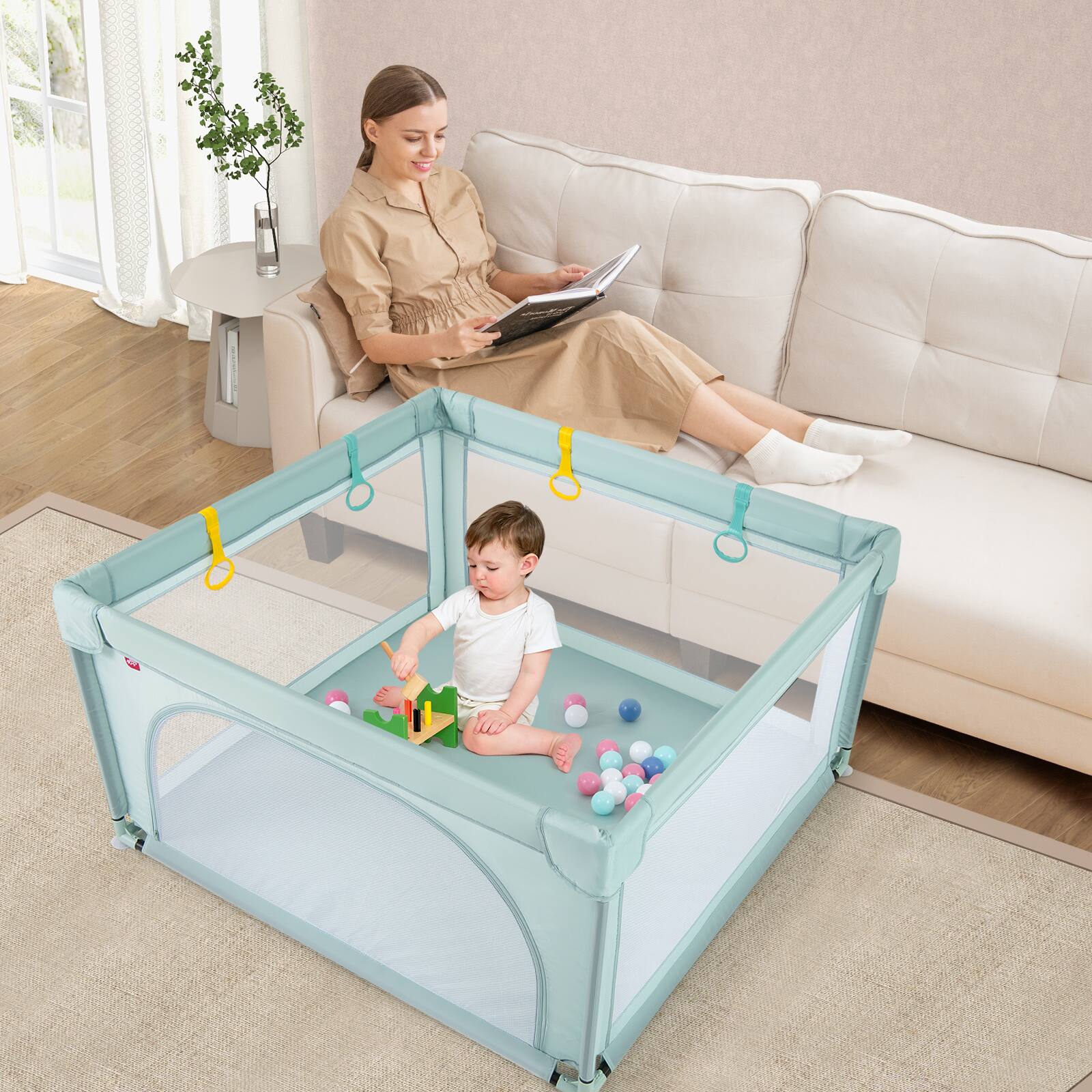 Alt View 3. Gymax - Gymax Baby Playpen for Toddlers Large Kids Activity Center w/ 50 PCS Ocean Balls & 4 Pull Rings - Blue.