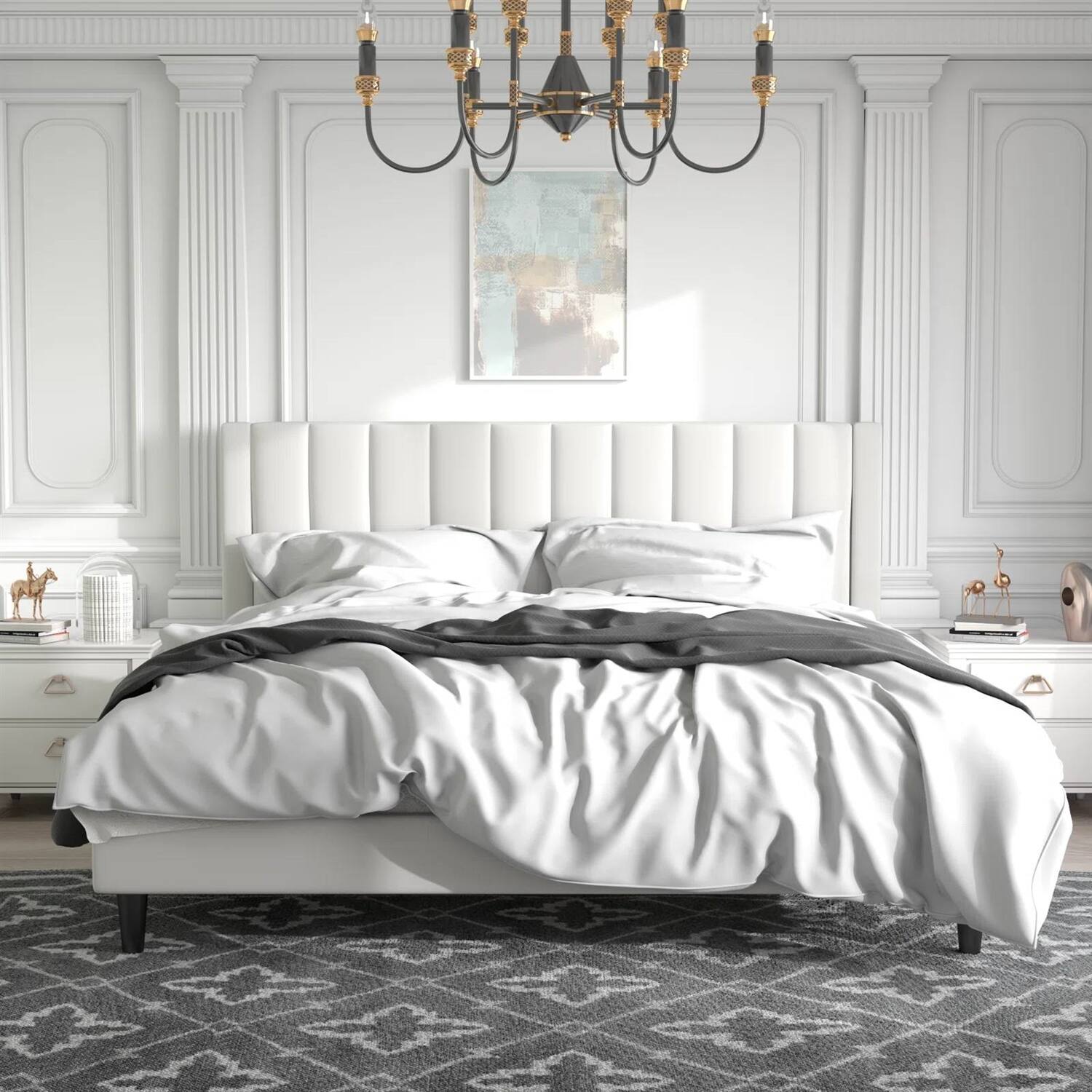 Angle. Hivvago - Hivvago King size Velvet Upholstered Platform Bed Frame with Headboard - White.