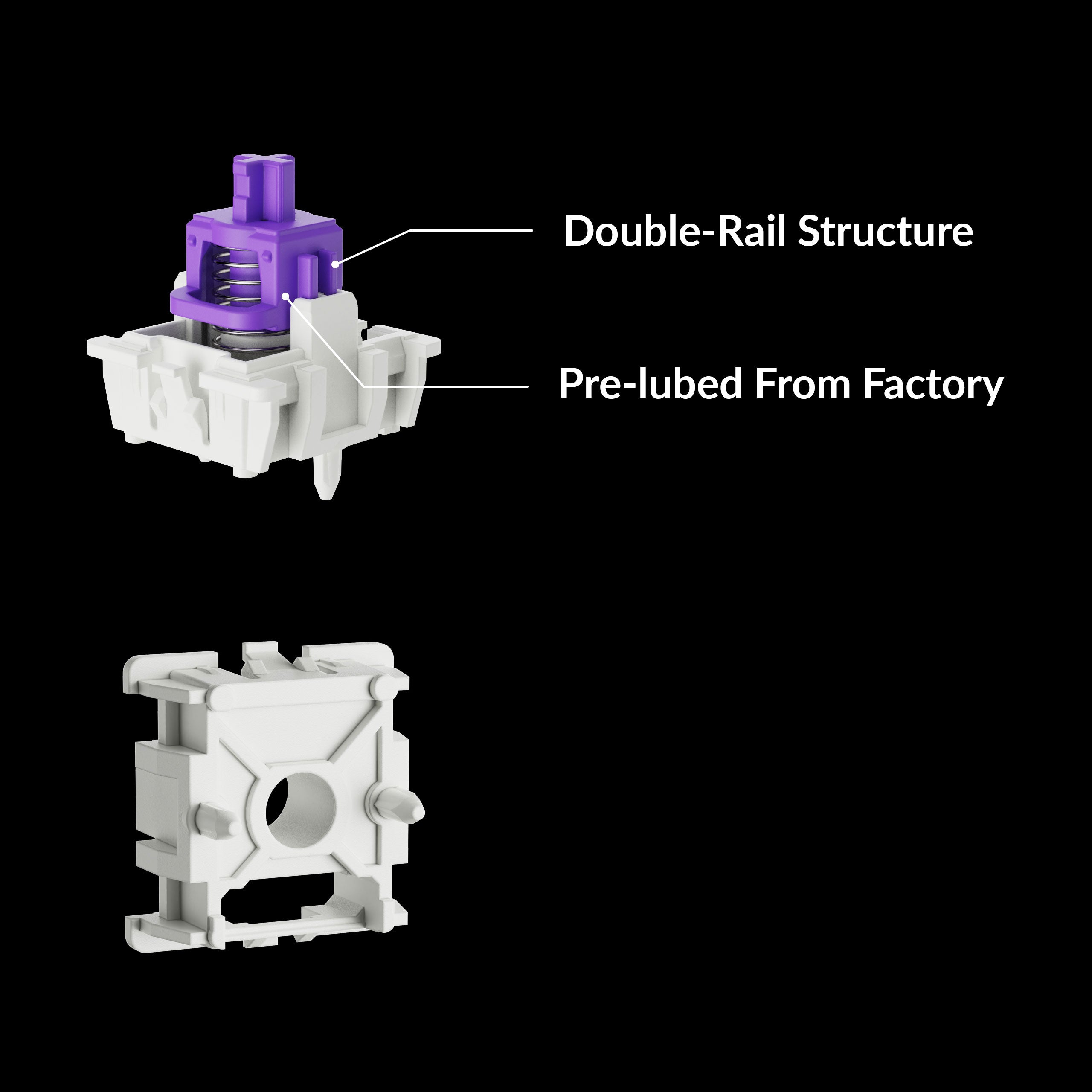 The image shows a close-up of a small plastic piece with a purple connector, labeled as a "double-rail structure" and "pre-lubed from factory." The piece is designed to be used in a factory setting, ensuring that it is ready for use without the need for additional lubrication.