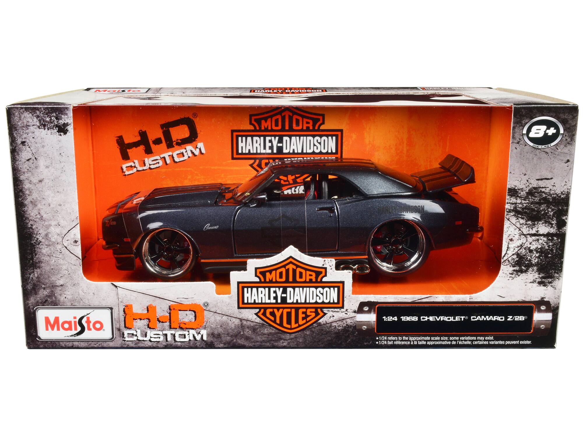 Maisto - 1968 Chevrolet Camaro Z/28 Dark Gray Metallic with Black and Orange Stripes "Harley Davidson" "H-D Custom" 1/24 - Dark Gray Metallic, Black And Orange