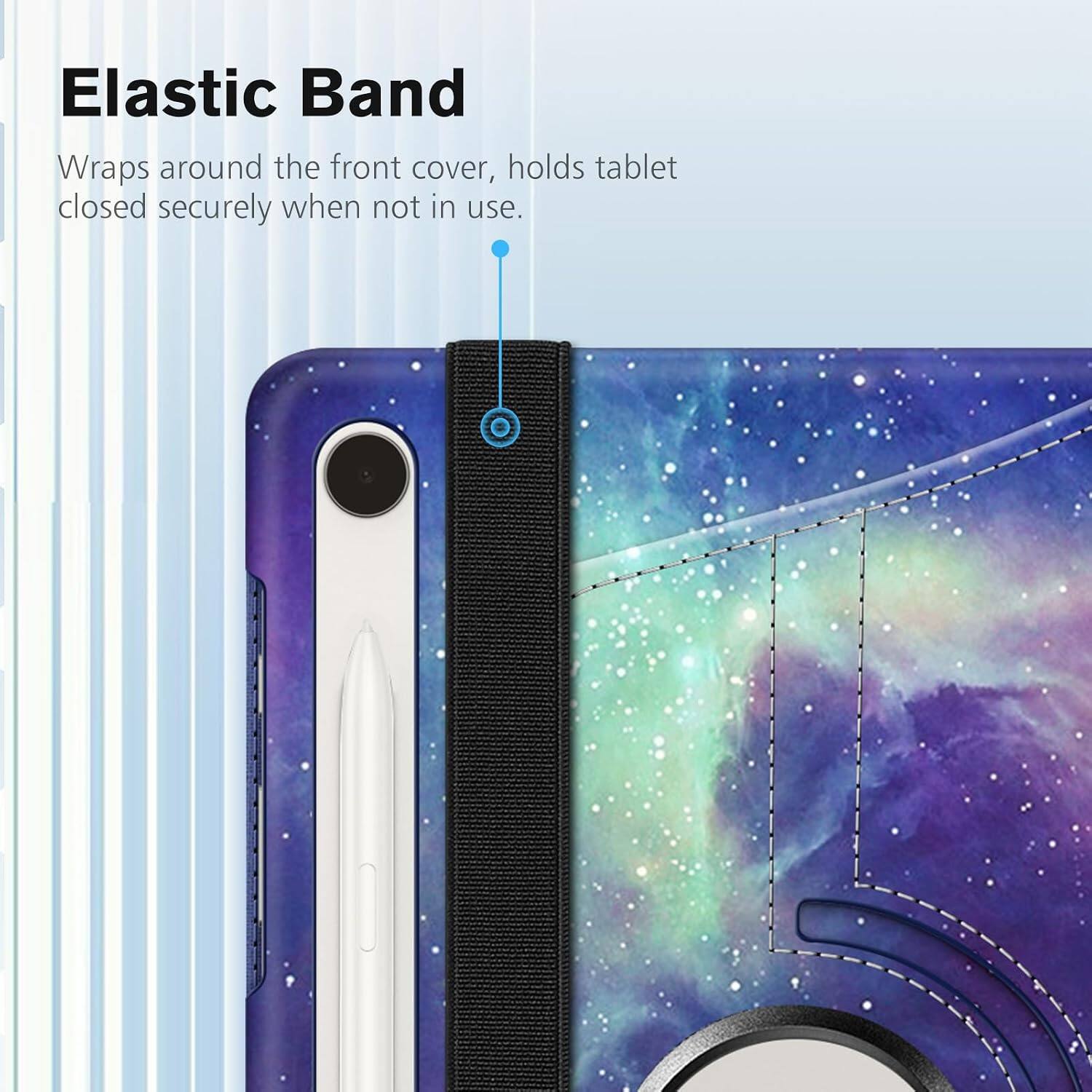 Elastic Band Wraps around the front cover, holds tablet closed securely when not in use.