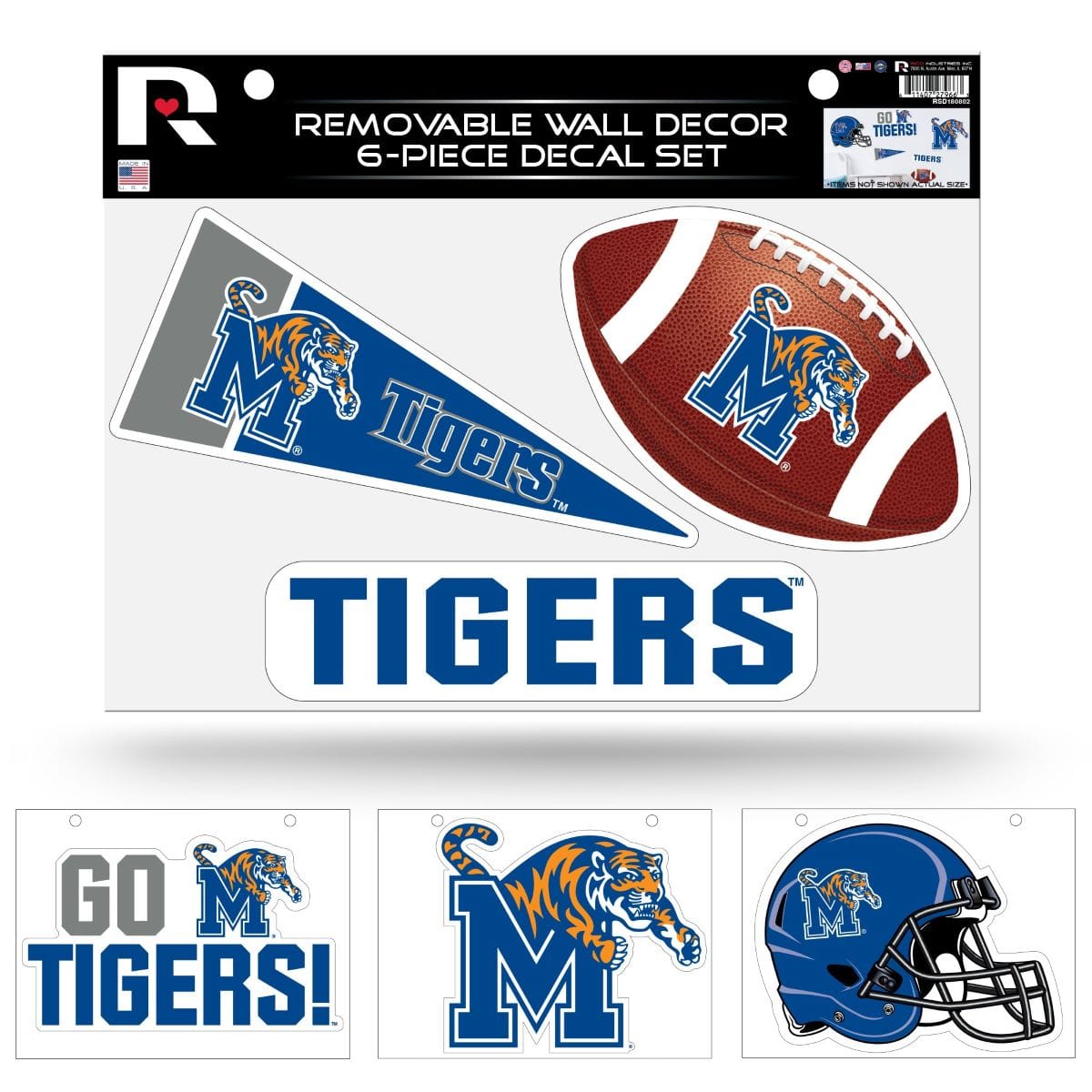 Rico Industries - Memphis Tigers Set of 6 Removable Wall Decal Stickers - Multi