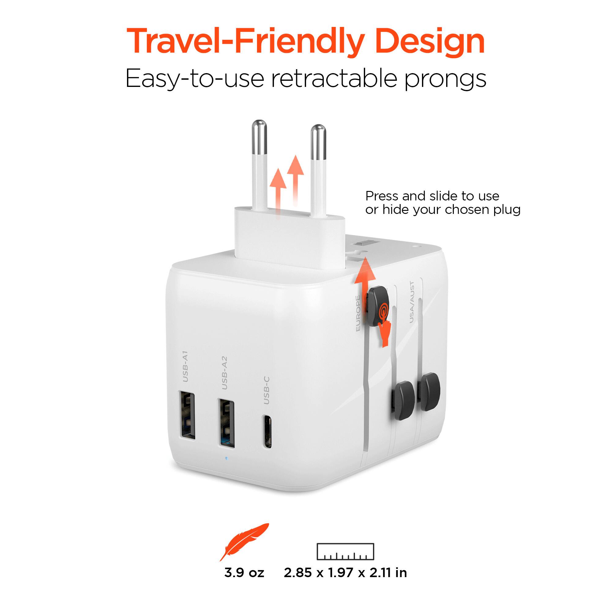 Travel-Friendly Design  
Easy-to-use retractable prongs  
Press and slide to use or hide your chosen plug  
USB-A  
USB-A2  
USB-C  
LURORE  
3.9 oz  
2.85 x 1.97 x 2.11 in
